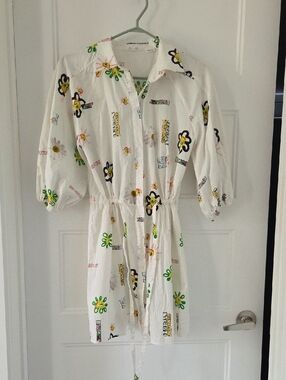 Desigual White Long Sleeve Floral Drawstring Dress